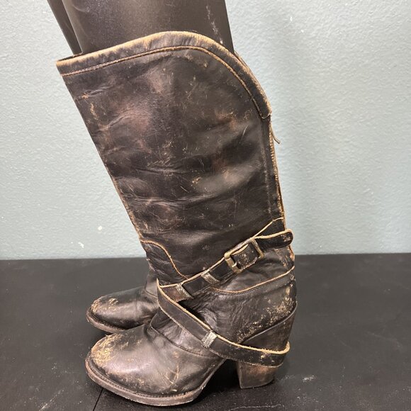 Freebird Teagan Boots Womens 8 Black Distressed Leather Knee High Western Buckle - Picture 5 of 10
